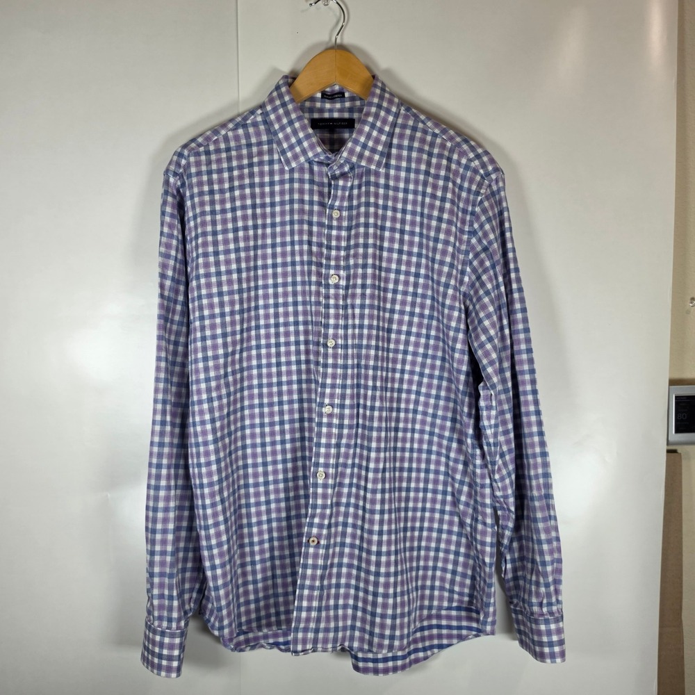 Tommy Hilfiger Mens Slim Fit Stretch Gingham Button Down Shirt Purple Blue XL 17